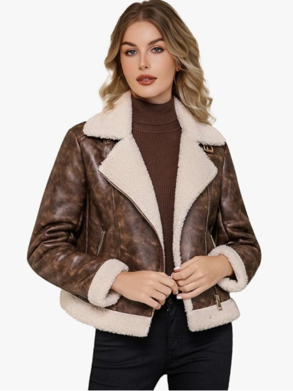 New WYOYW Faux Leather Shearling Moto Jacket Brown Aviator Coat, Size Large 8-10